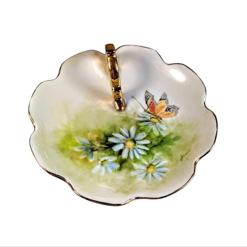 Vintage Hand Painted Nappy Trinket  Dish Butterfly Daisy Design Signed Jean